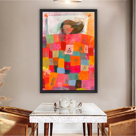 Whimsical Girl Under Colorful Patchwork Quilt Wall Art Print| Liberty Signs #L1574