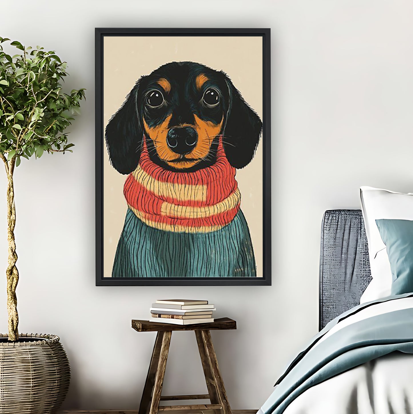 Cozy Dachshund in Striped Scarf Portrait Wall Art Print|Liberty Signs #L821