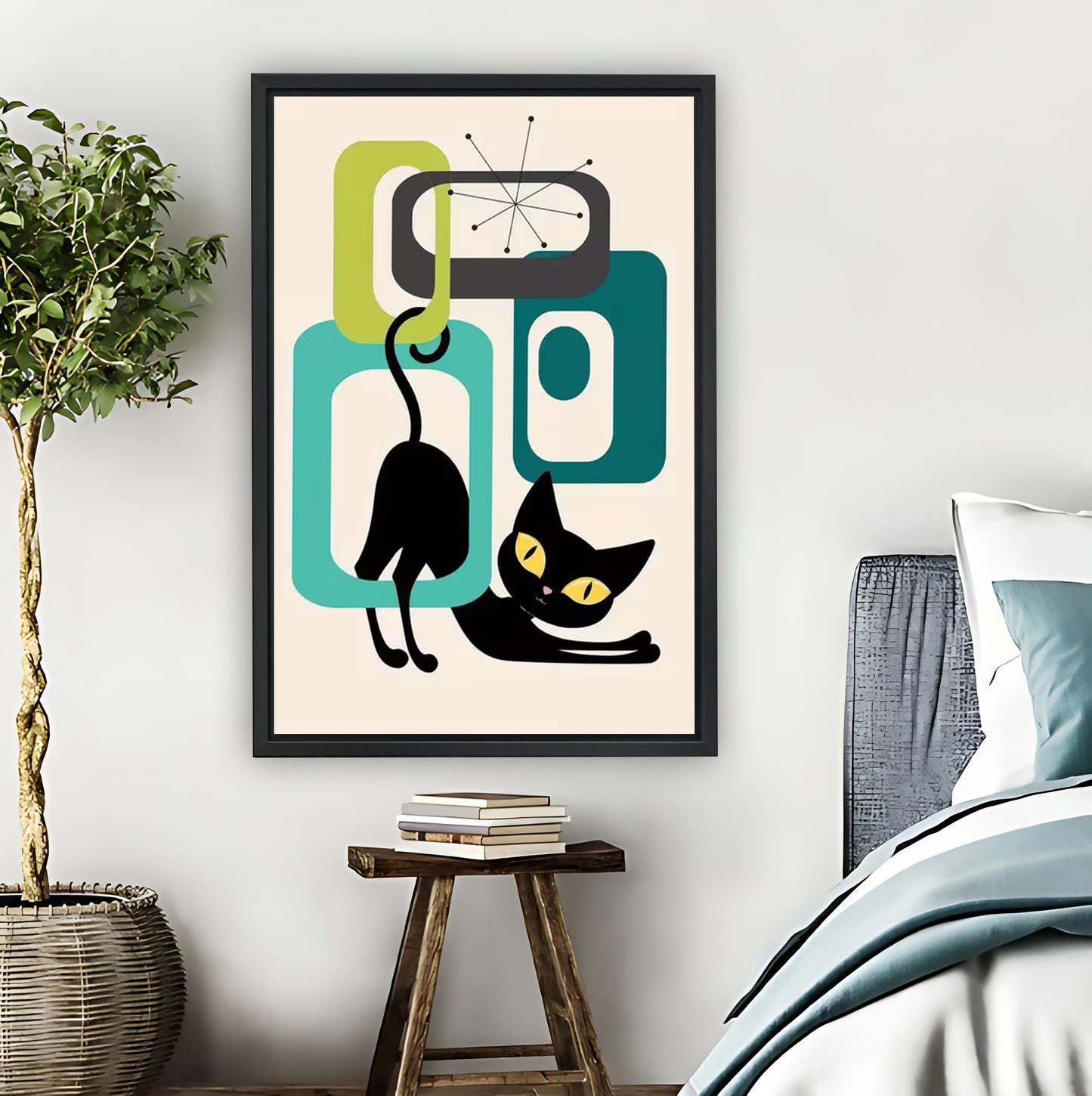 Retro Black Cat Atomic Age Geometric Wall Art Print| Liberty Signs #L1595