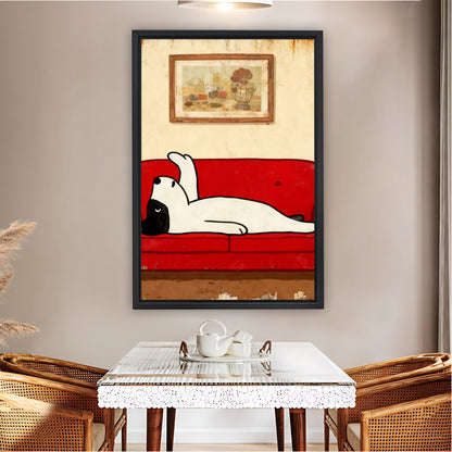 Cute Dog Lounging on Red Couch Wall Art Print| Liberty Signs #L1588