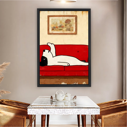 Cute Dog Lounging on Red Couch Wall Art Print| Liberty Signs #L1588