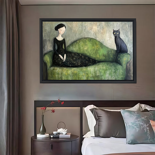 Whimsical Woman & Black Cat on Green Couch Art Print| Liberty Signs #L1555