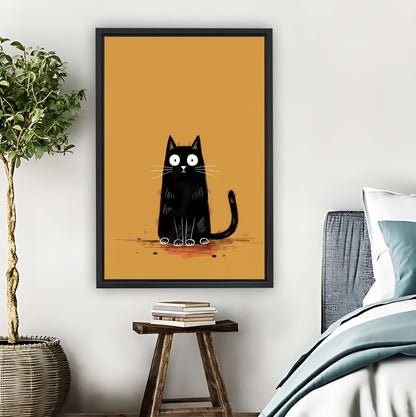 Quirky Big-Eyed Black Cat Orange Background Wall Art Print| Liberty Signs #L1580
