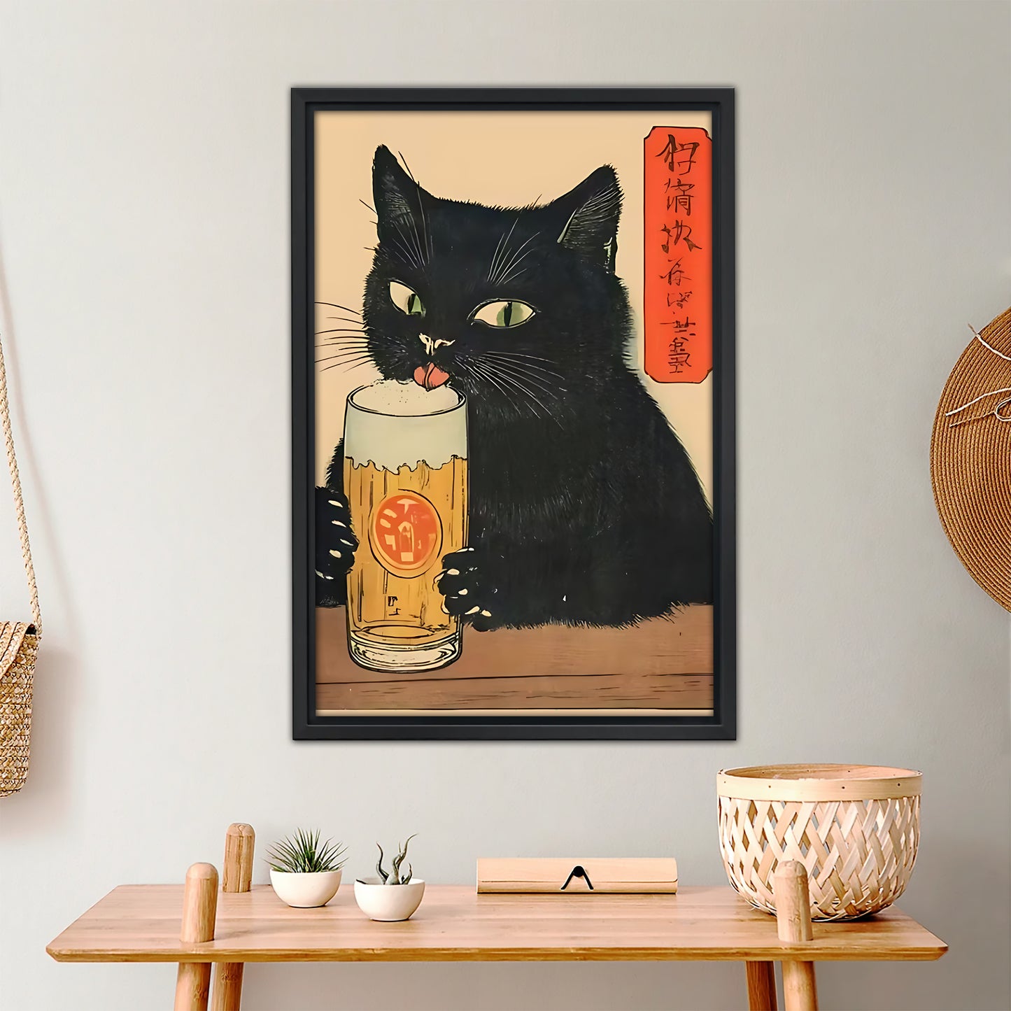 Japanese Style Black Cat Beer Wall Art - Vintage Anime Canvas Print|Liberty Signs #L345
