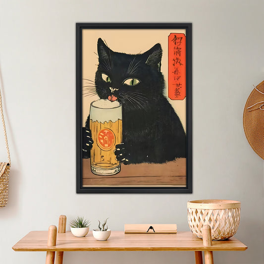 Japanese Style Black Cat Beer Wall Art - Vintage Anime Canvas Print|Liberty Signs #L345