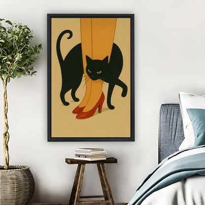 Black Cat Under Red Heels Retro Illustration Wall Art|Liberty Signs #L860