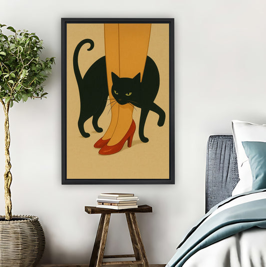 Black Cat Under Red Heels Retro Illustration Wall Art|Liberty Signs #L860