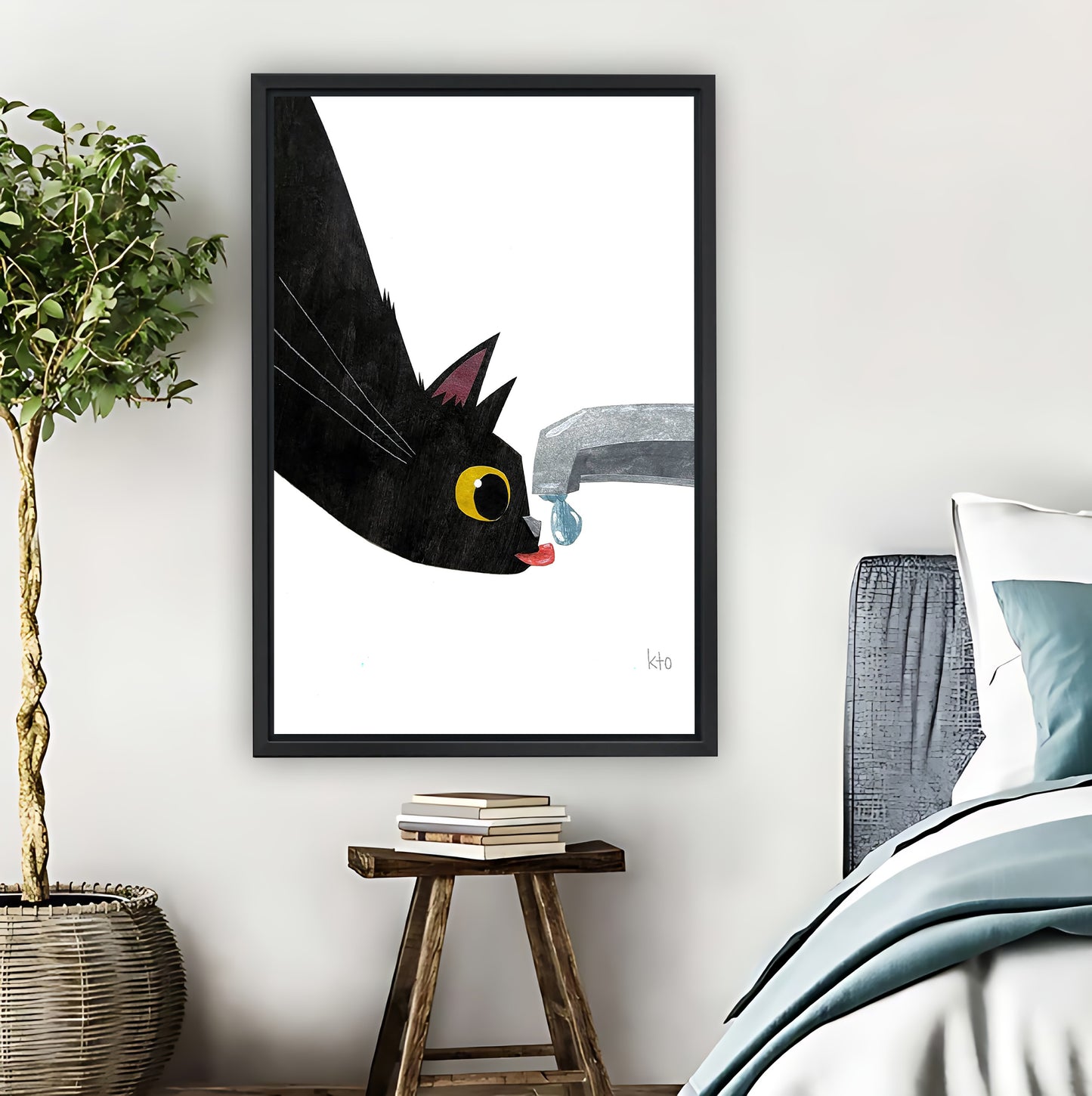 Black Cat Drinking Water Minimalist Wall Art Print|Liberty Signs #L843