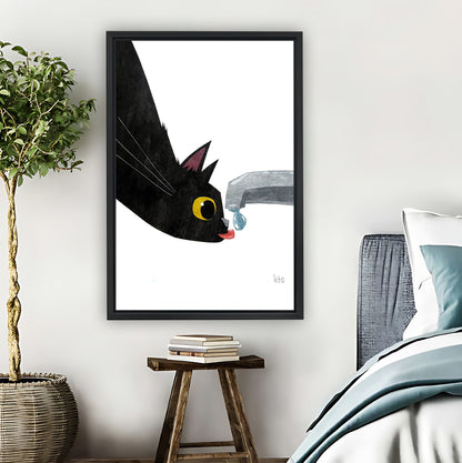 Black Cat Drinking Water Minimalist Wall Art Print|Liberty Signs #L843