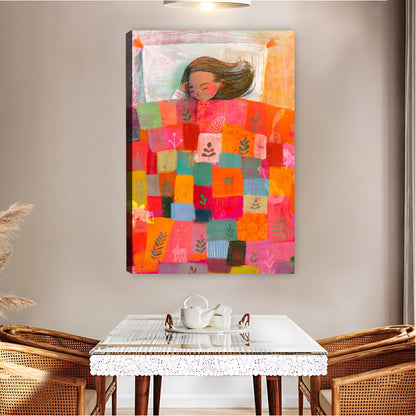 Whimsical Girl Under Colorful Patchwork Quilt Wall Art Print| Liberty Signs #L1574