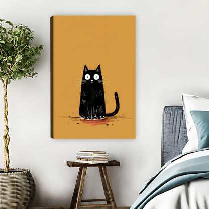 Quirky Big-Eyed Black Cat Orange Background Wall Art Print| Liberty Signs #L1580