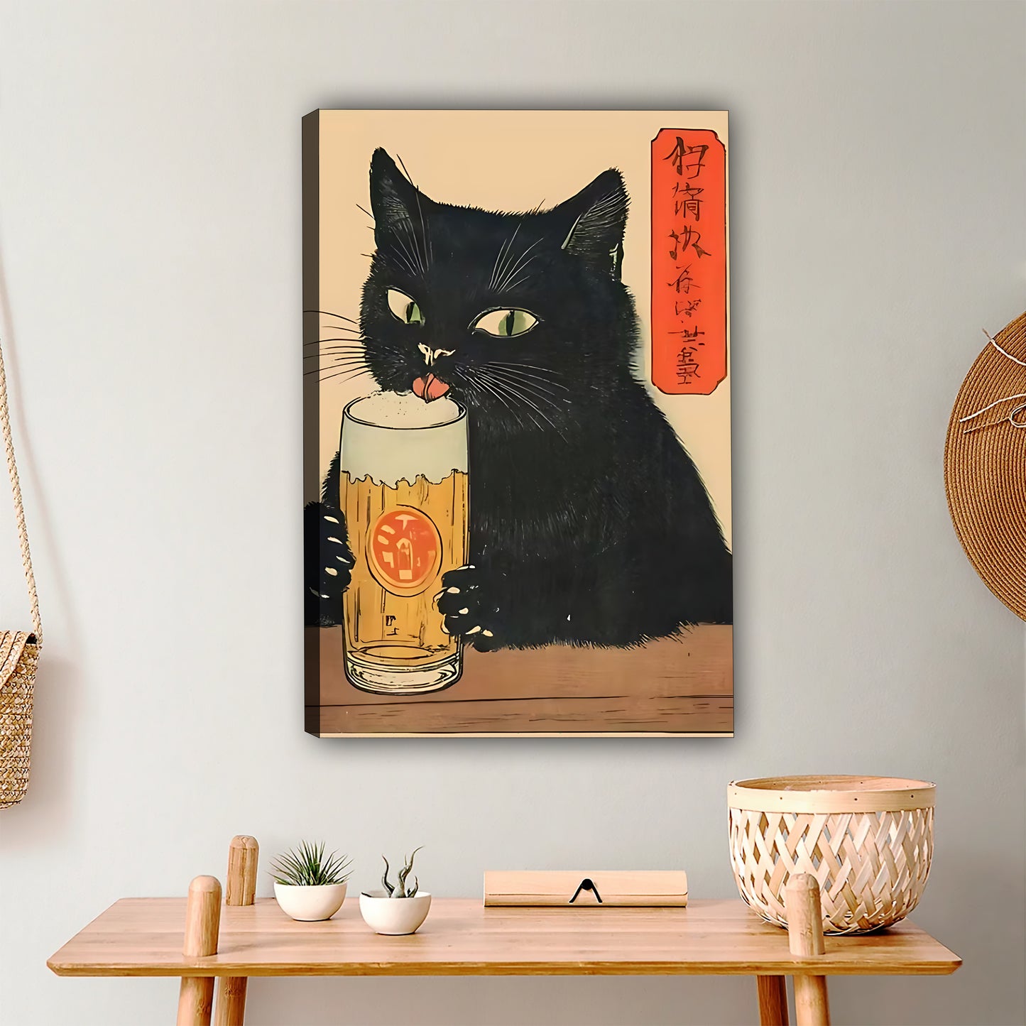 Japanese Style Black Cat Beer Wall Art - Vintage Anime Canvas Print|Liberty Signs #L345