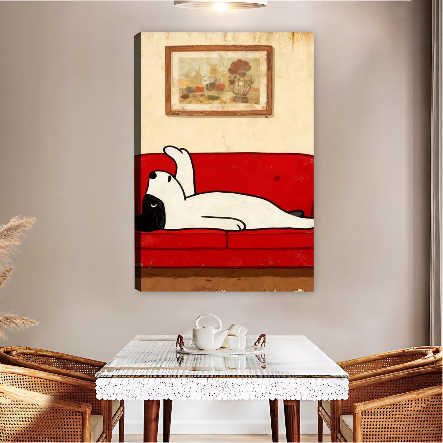 Cute Dog Lounging on Red Couch Wall Art Print| Liberty Signs #L1588