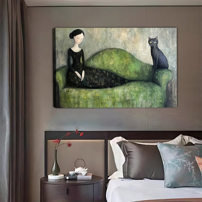 Whimsical Woman & Black Cat on Green Couch Art Print| Liberty Signs #L1555