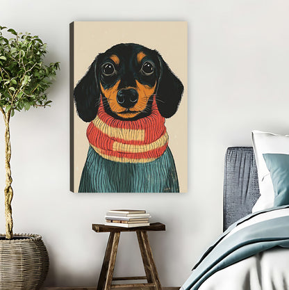 Cozy Dachshund in Striped Scarf Portrait Wall Art Print|Liberty Signs #L821