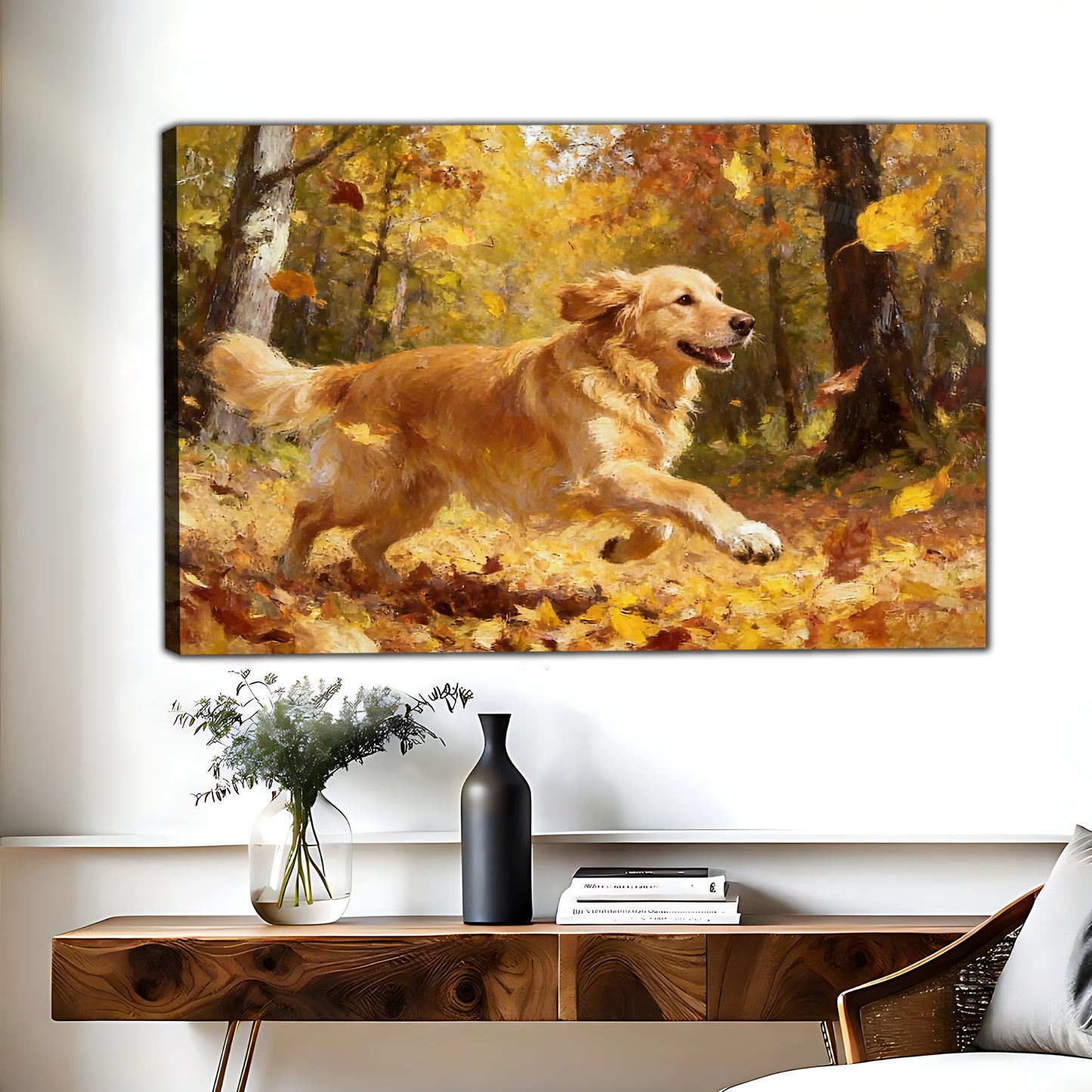 Golden Retriever in Autumn Leaves Canvas Wall Art| Liberty Signs #L310