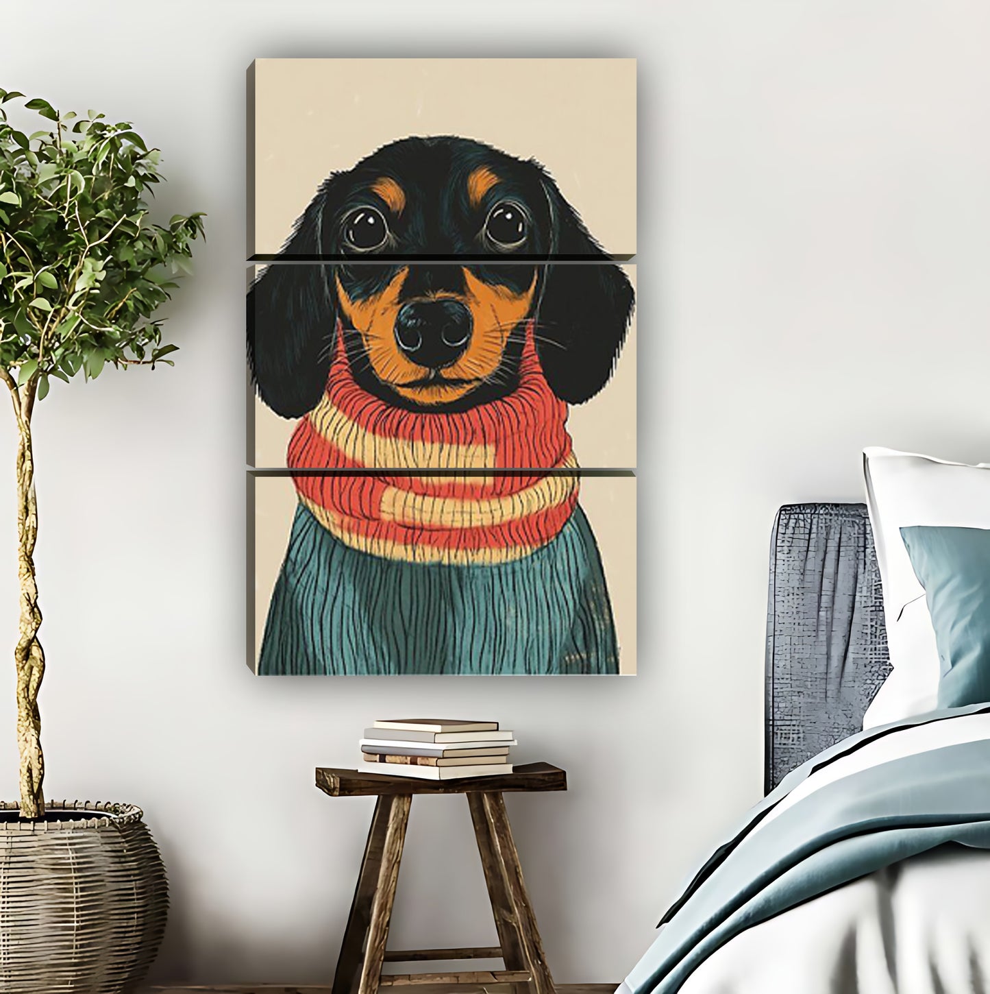 Cozy Dachshund in Striped Scarf Portrait Wall Art Print|Liberty Signs #L821