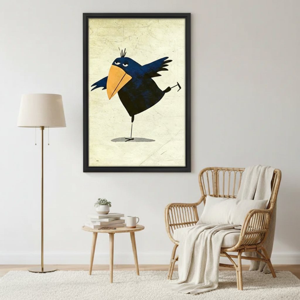 Whimsical crow framed canvas print on living room wall beside rattan chair and floor lamp — black frame bird wall art