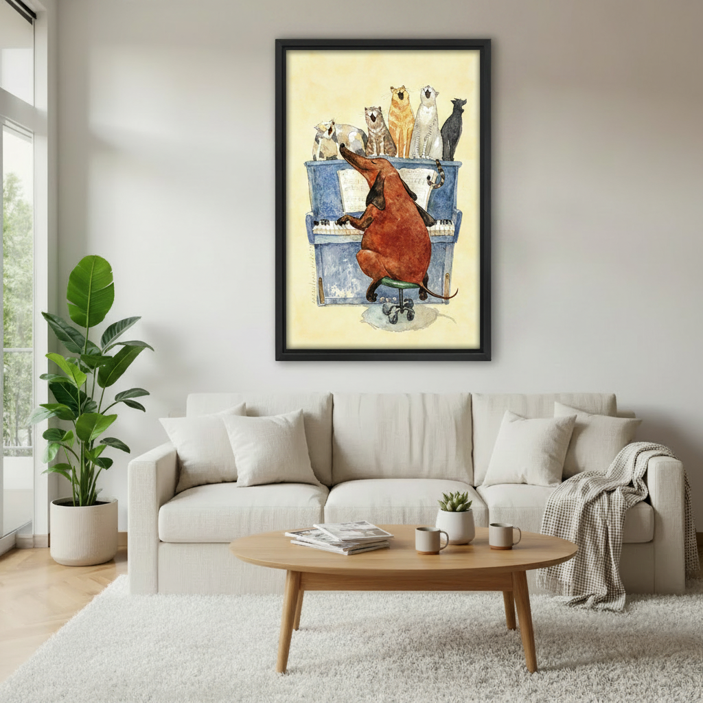 Dachshund playing piano with cats singing framed wall art above white sofa, cozy Scandinavian living room decor