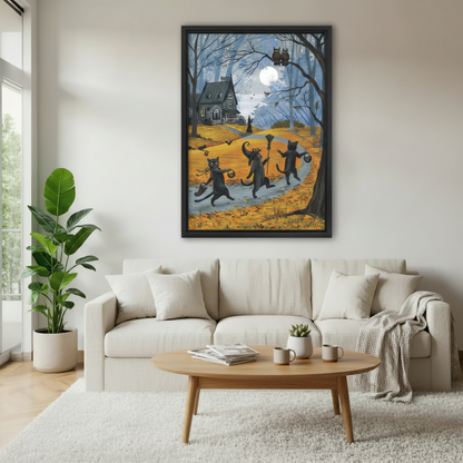 Halloween dancing black cats folk art framed canvas wall art above beige sofa in bright living room, cozy autumn seasonal decor