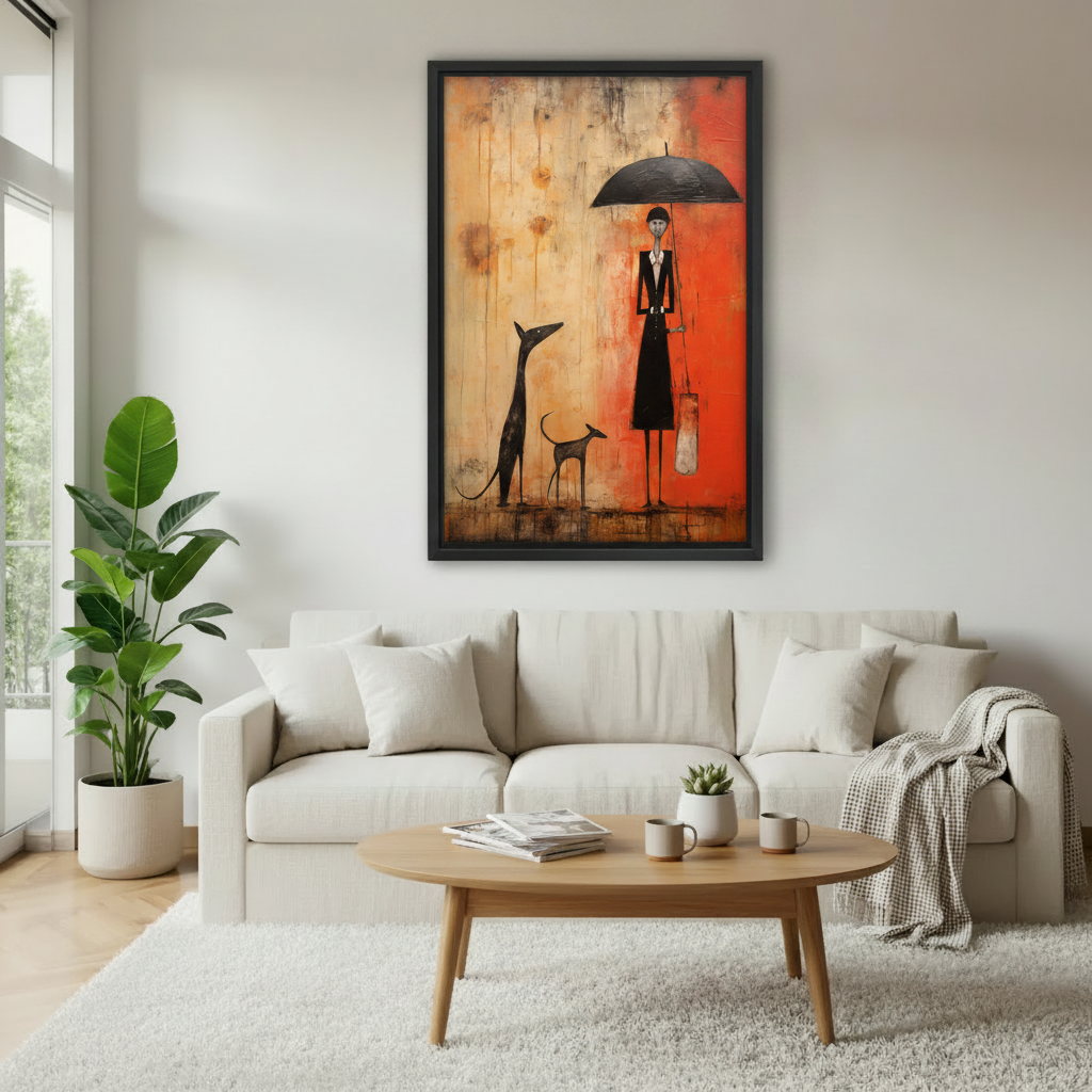 Abstract woman dog umbrella folk art framed canvas wall art above white sofa in bright living room, eclectic orange expressionist home decor