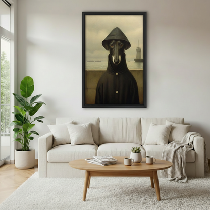 Surrealist greyhound portrait in raincoat framed canvas wall art above cream sofa in bright Scandinavian living room, dramatic dark home decor