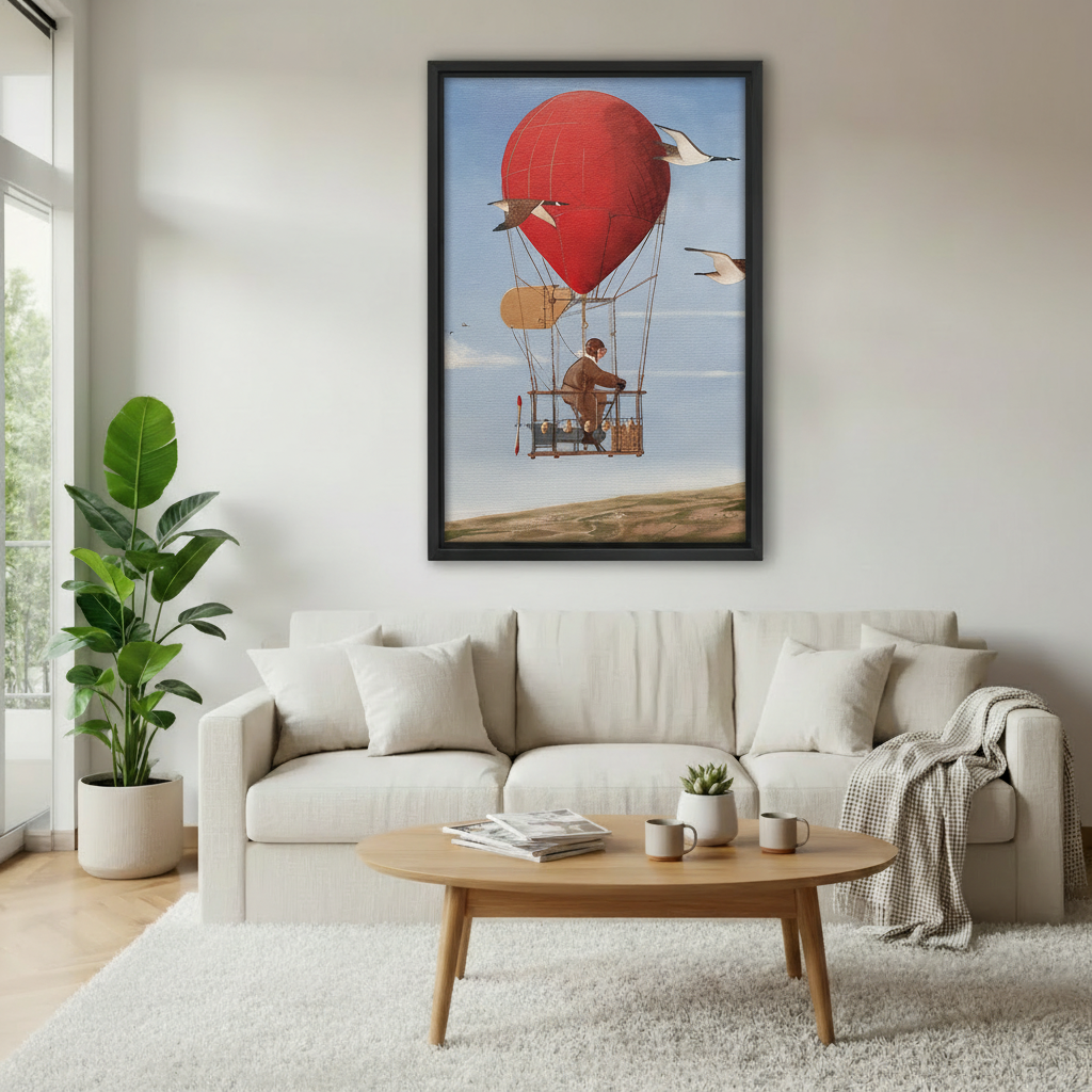 Steampunk hot air balloon fantasy oil painting framed canvas wall art above cream sofa in bright Scandinavian living room, whimsical adventure decor