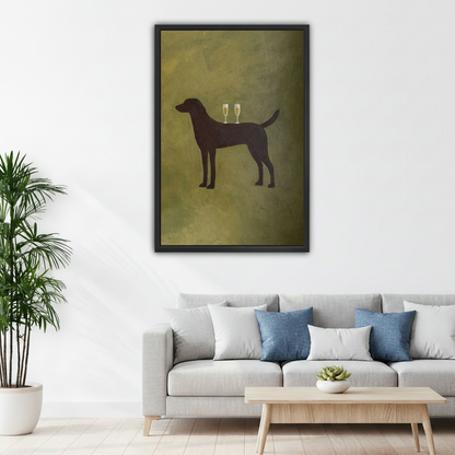 Vintage black dog with champagne glasses framed wall art hanging above gray sofa in modern living room