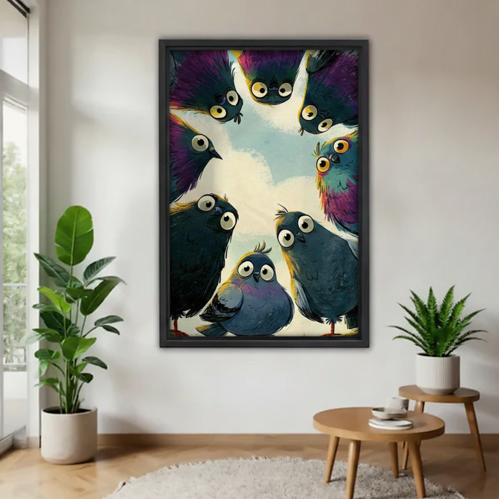 Funny pigeon gang whimsical bird framed canvas wall art in modern living room — colorful quirky home decor