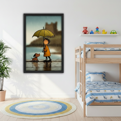 Rainy day boy with yellow umbrella and dachshund framed wall art in bright kids bedroom with bunk bed