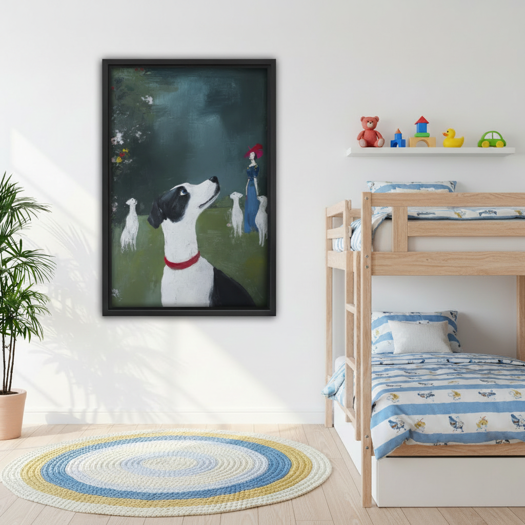 Framed vintage garden painting with lady and greyhound dogs hanging in children's bedroom