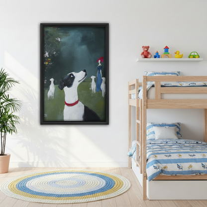 Framed vintage garden painting with lady and greyhound dogs hanging in children's bedroom