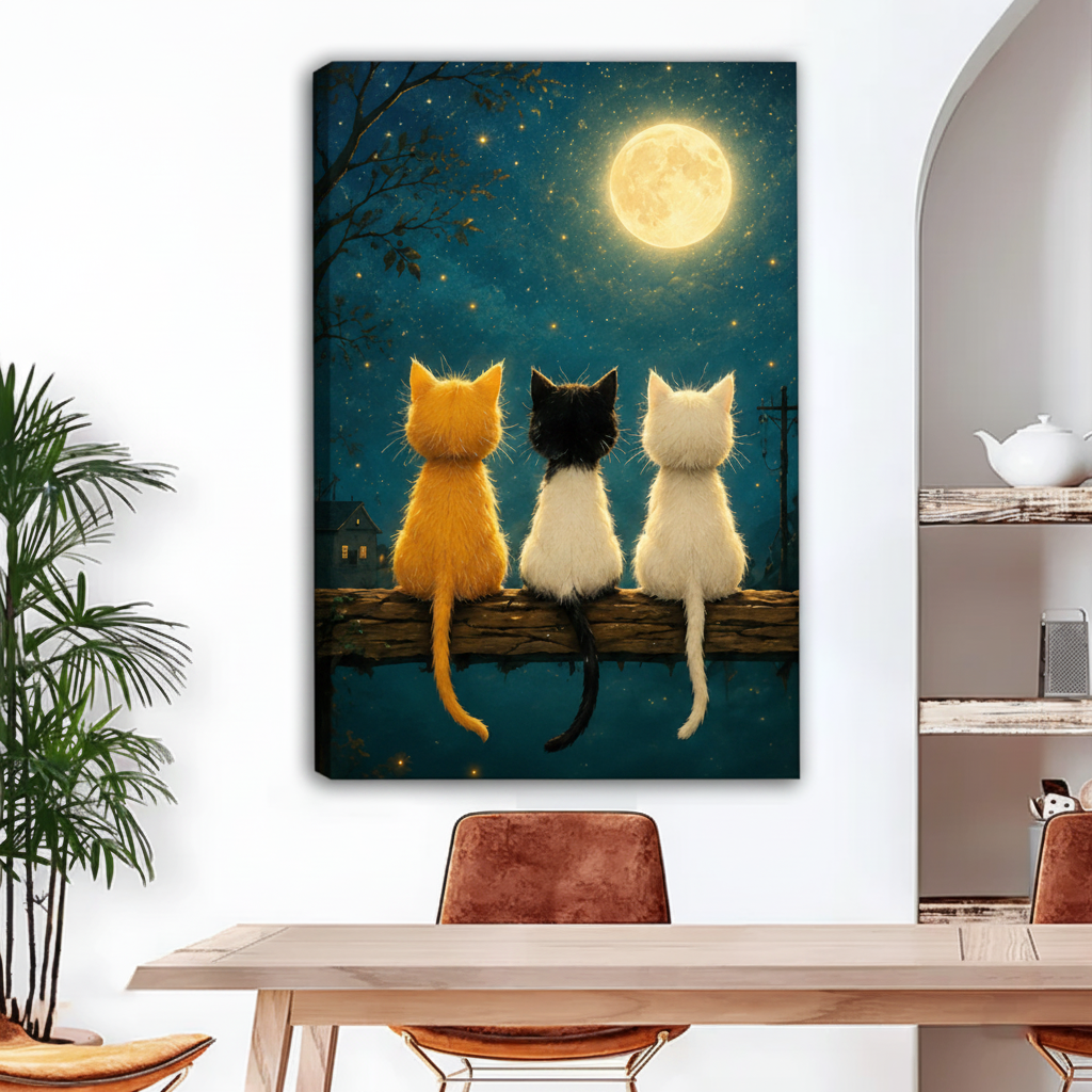 Three cats gazing at moon canvas art print – teal starry night wall decor for dining room