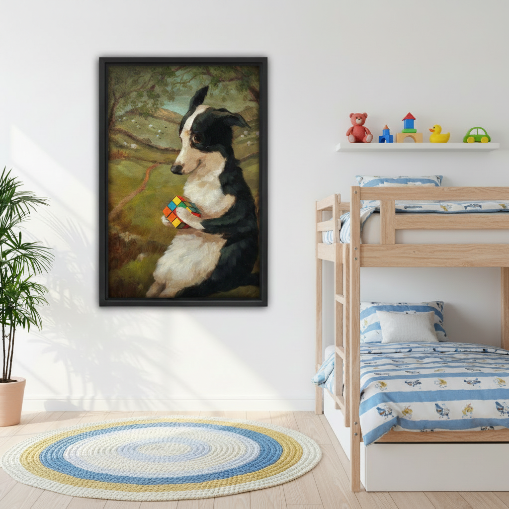 Border Collie Rubik's Cube vintage framed wall art print displayed in kids bedroom, whimsical dog decor