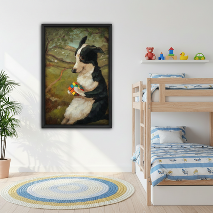 Border Collie Rubik's Cube vintage framed wall art print displayed in kids bedroom, whimsical dog decor