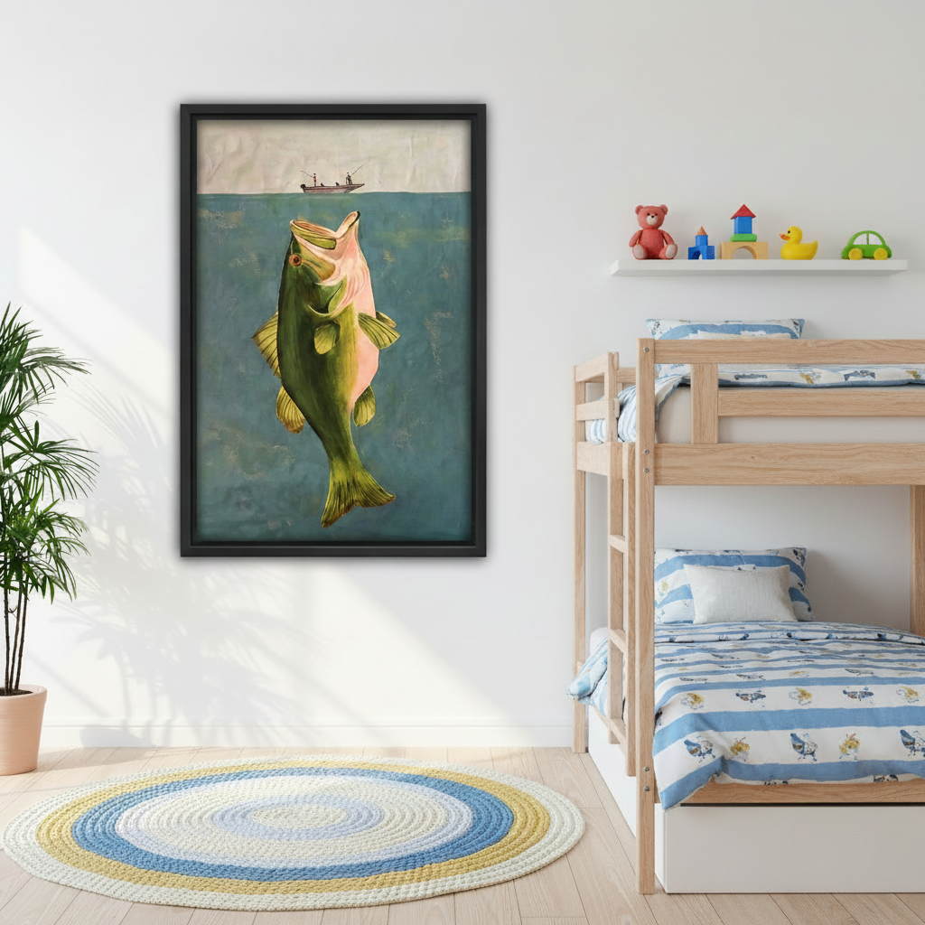 Fishing wall art print in kids bedroom, black framed largemouth bass canvas above bunk bed, fun vintage fish decor for children's room