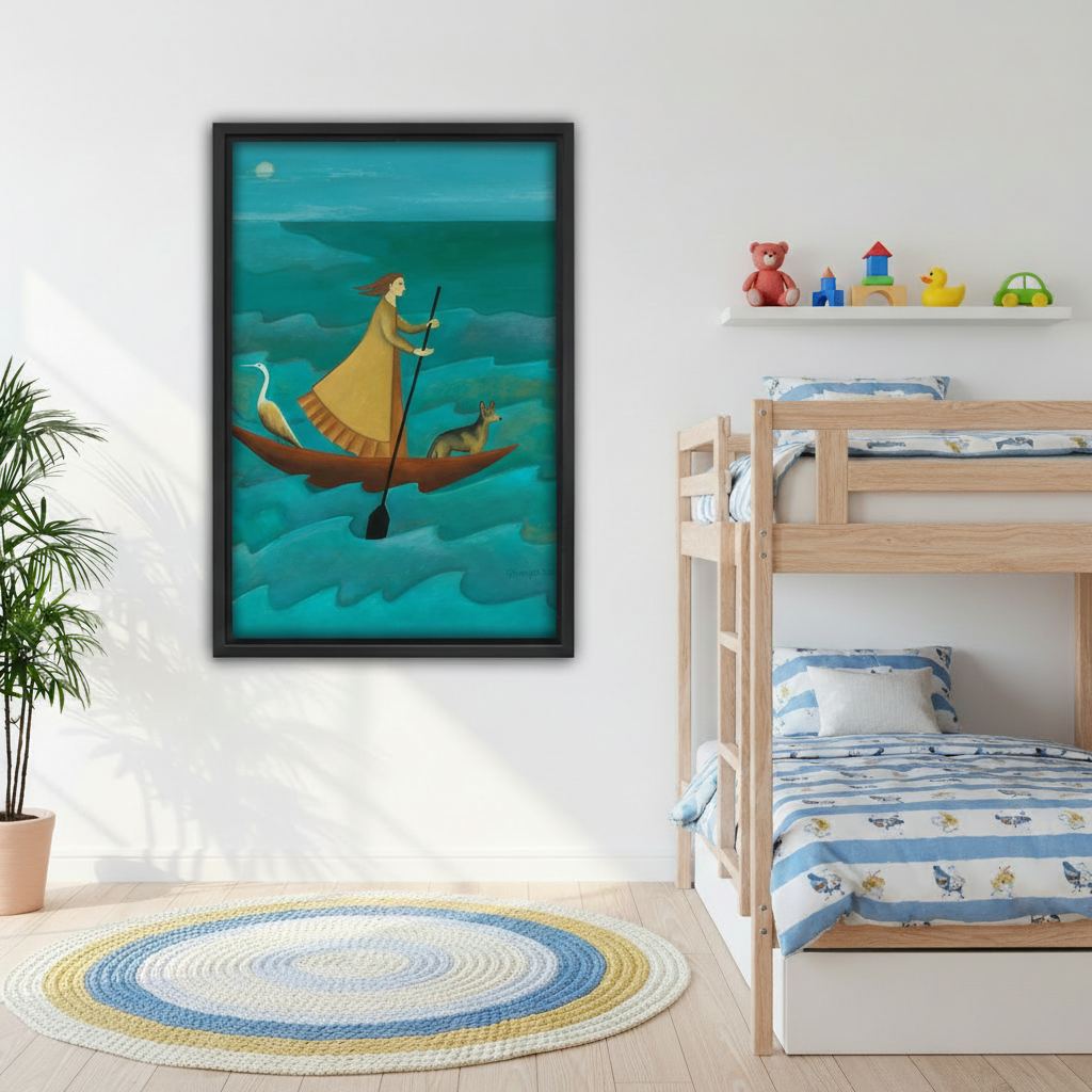 Teal ocean adventure wall art print in black frame showing a woman steering a boat with animal companions, hung in a children's bedroom above bunk beds