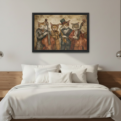 Retro jazz cat quartet framed canvas wall art above bed in modern bedroom home decor