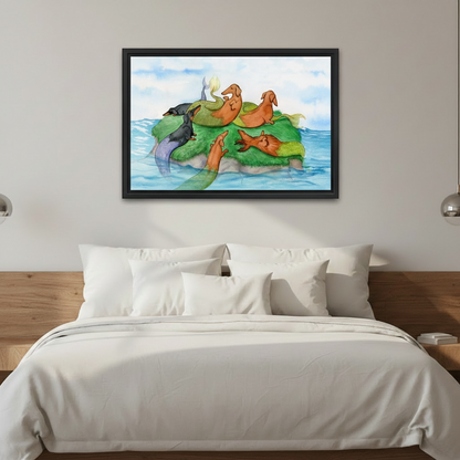 Whimsical dachshund watercolor framed canvas wall art above bed modern bedroom decor