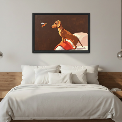 Dachshund and bird oil painting framed canvas wall art above bed modern bedroom decor