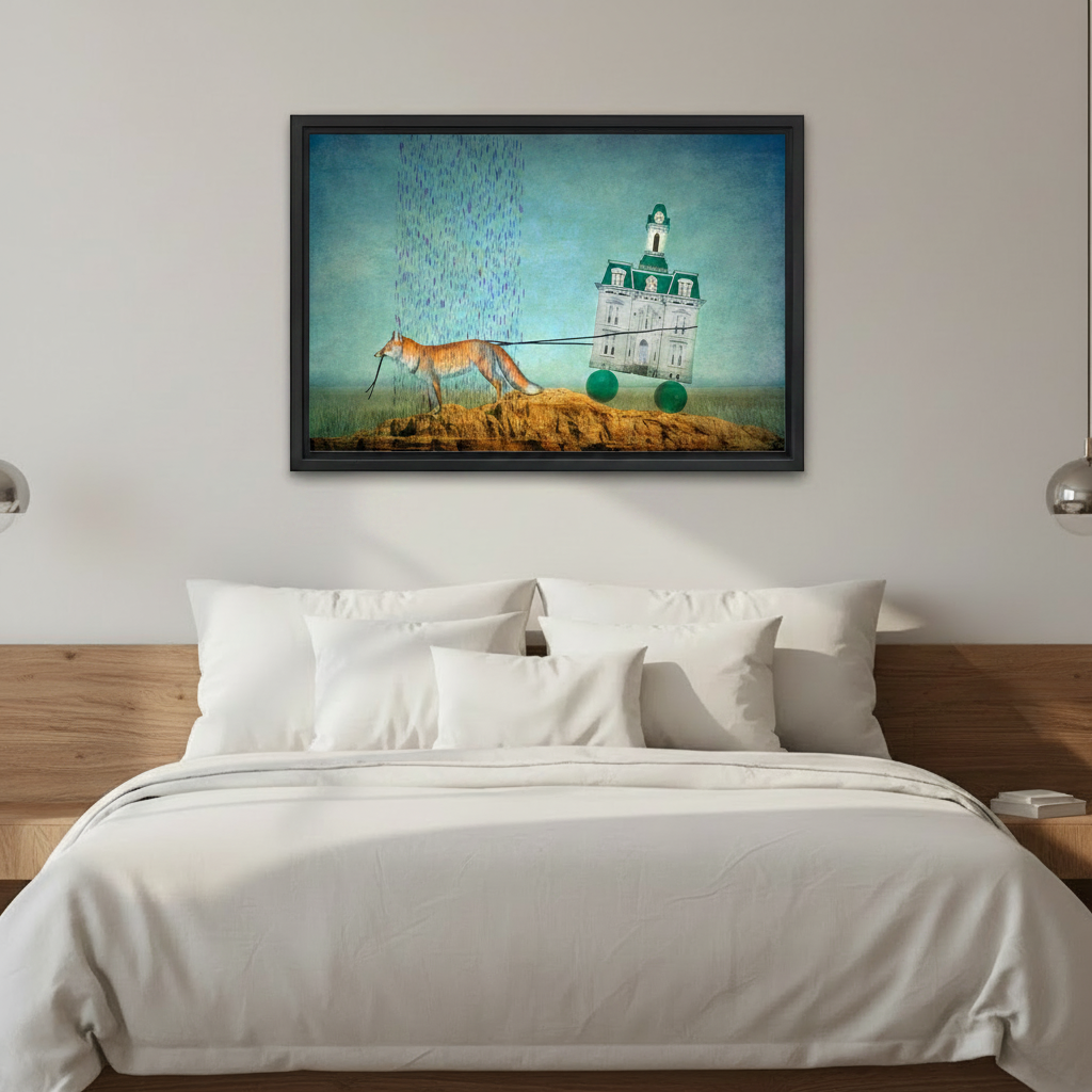 Whimsical fox surrealist oil painting framed canvas wall art above bed modern bedroom decor