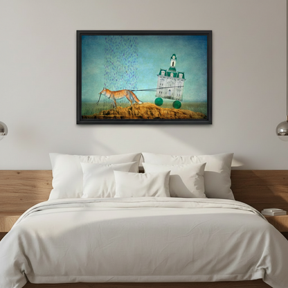 Whimsical fox surrealist oil painting framed canvas wall art above bed modern bedroom decor