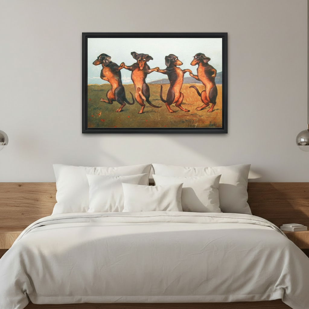 Dancing dachshunds vintage framed wall art above bed bedroom decor dog lover canvas print