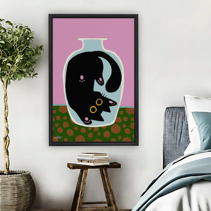 Black Cat in Vase Funny Wall Art Framed Canvas Print|Liberty Signs #L1687
