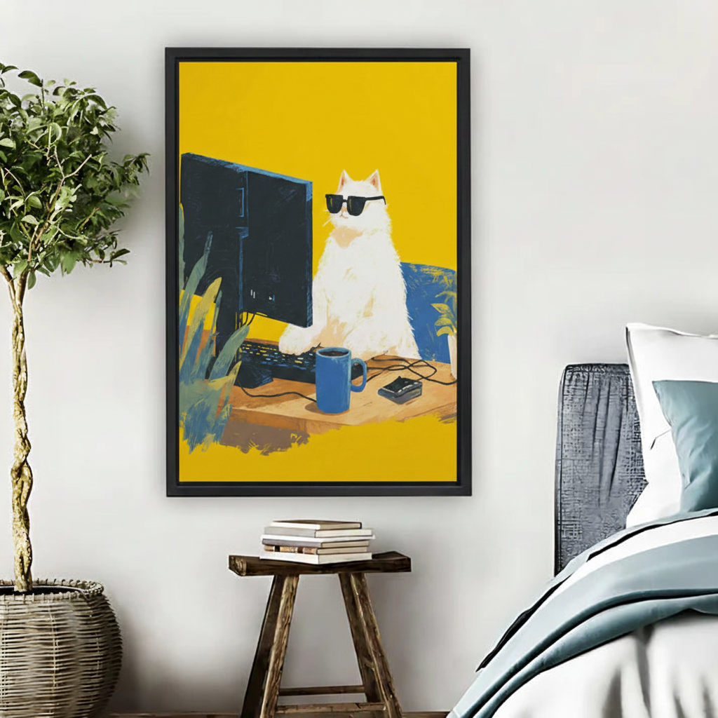 Cool Cat Boss Framed Canvas Wall Art Yellow Pop Print|Liberty Signs #L1688