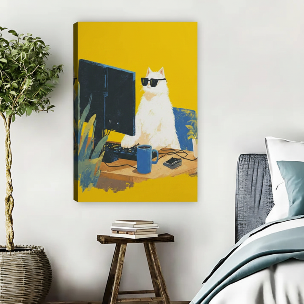 Cool Cat Boss Framed Canvas Wall Art Yellow Pop Print|Liberty Signs #L1688