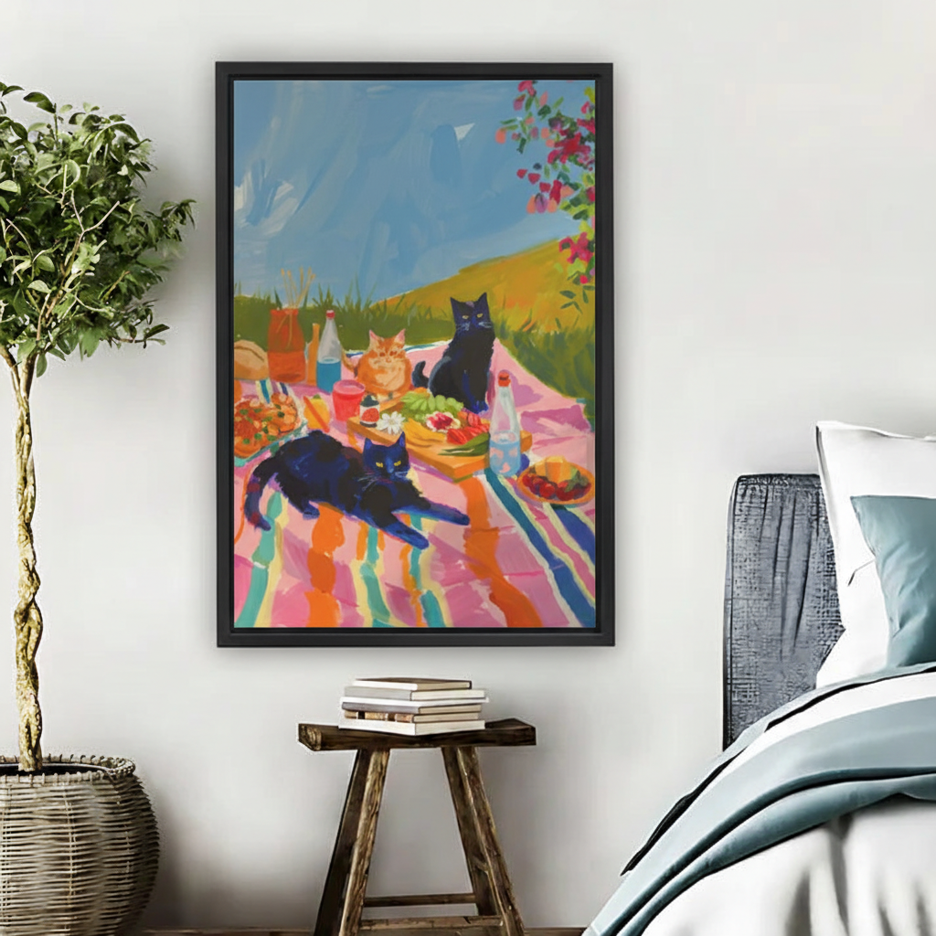 Cat Picnic Party Canvas Wall Art – Colorful Framed Print|Liberty Signs #L1691