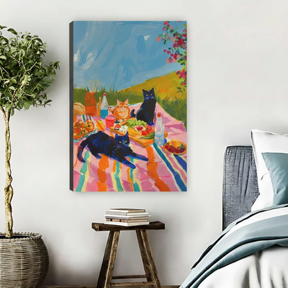 Cat Picnic Party Canvas Wall Art – Colorful Framed Print|Liberty Signs #L1691