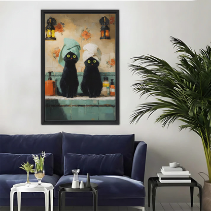 Black Cats Spa Day Vintage Oil Painting Framed Canvas Art|Liberty Signs #L1692