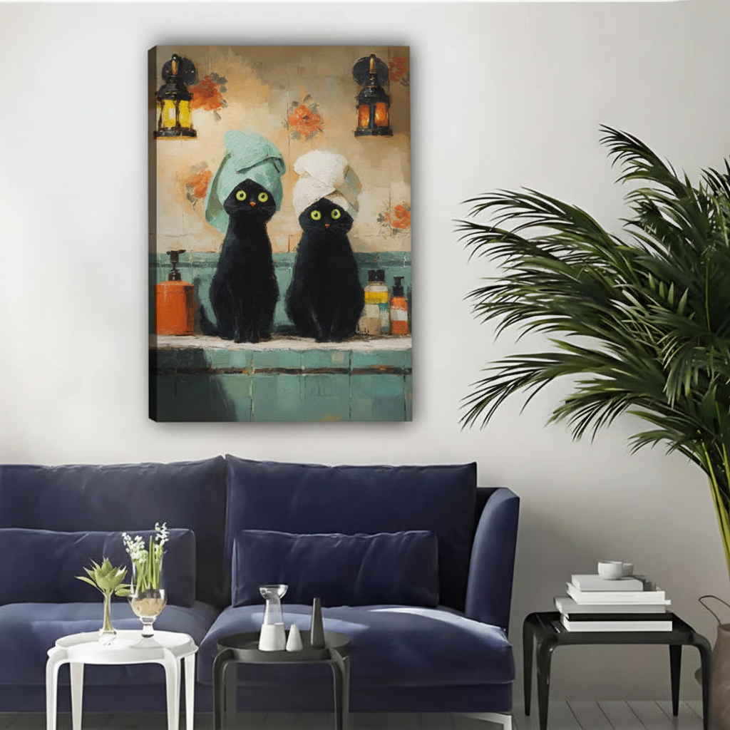 Black Cats Spa Day Vintage Oil Painting Framed Canvas Art|Liberty Signs #L1692